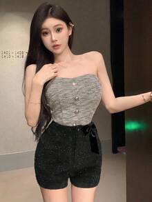 DAZY 女士纯色蝴蝶结装饰优雅百搭短裤嘉年华 - 黑色 - 查看 2
