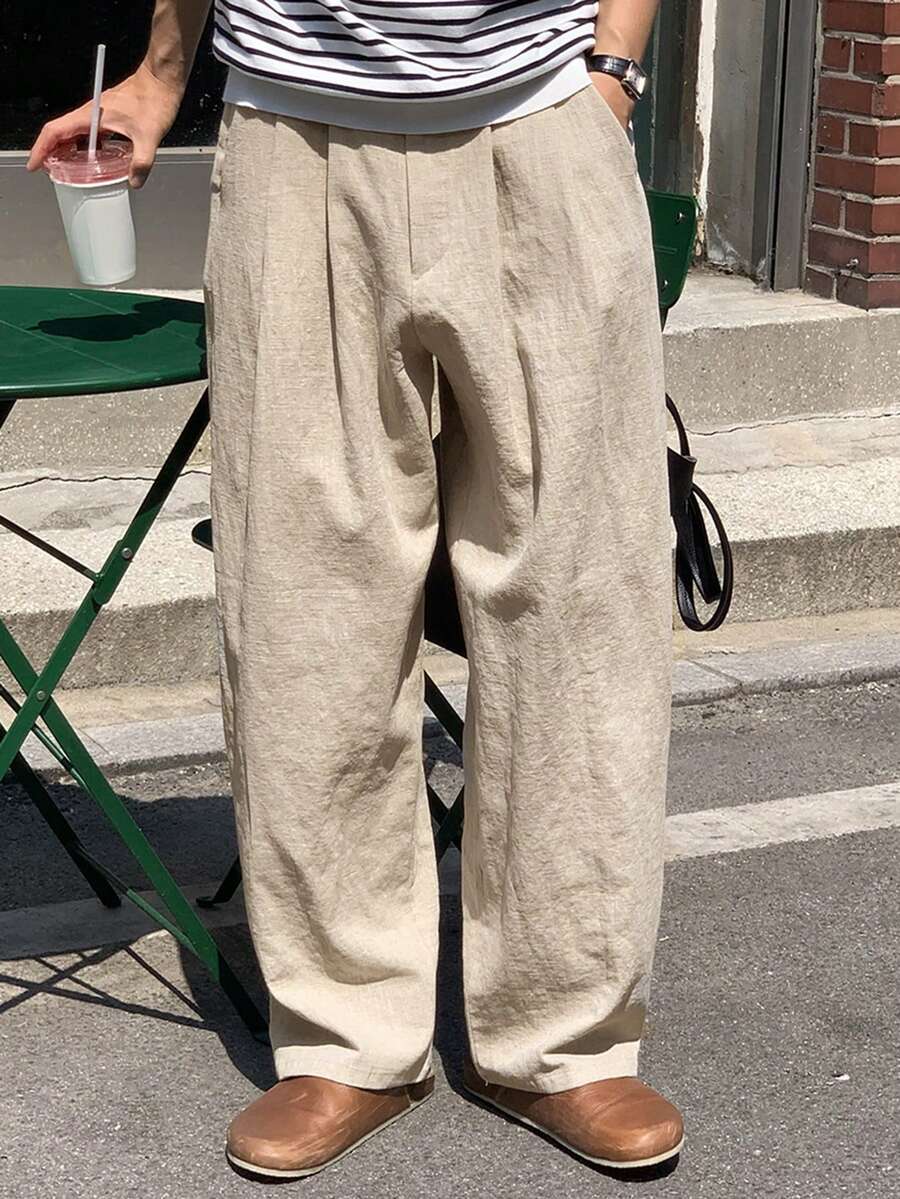 DAZY 男士卡其色亚麻褶裥长裤，春季款 - 卡其色 - 查看 1