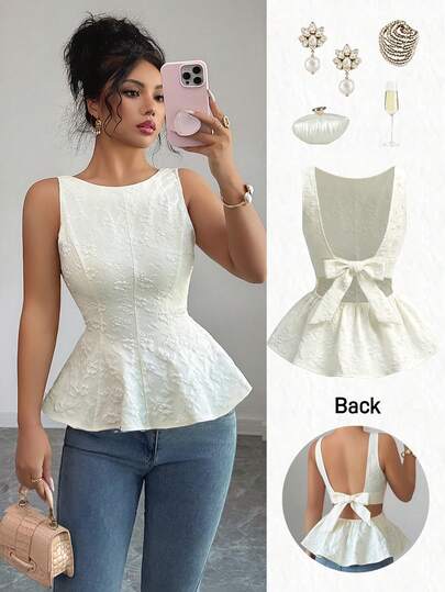 Elenzga Women's Apricot Jacquard Floral Textured Fabric Round Neck Cinched Waist Flared Back Bow Tie Design Fitted Elegant Classy Birthday Gift Date Party High-Vibe Campus Style Valentine's Day Carnival Easter Labor Day Travel Vacation Street Vibe Spring/Summer Sleeveless Top, Fashionable Niche Design Versatile Sleeveless Fitted Bow Back Top