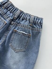 SHEIN Young BoyLoose Fit Blue Denim Ripped Shorts - Light Wash - View 4