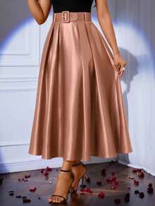 SHEIN Lady 女士优雅纯色百褶A字裙，适合通勤 - 粉色 - 查看 3