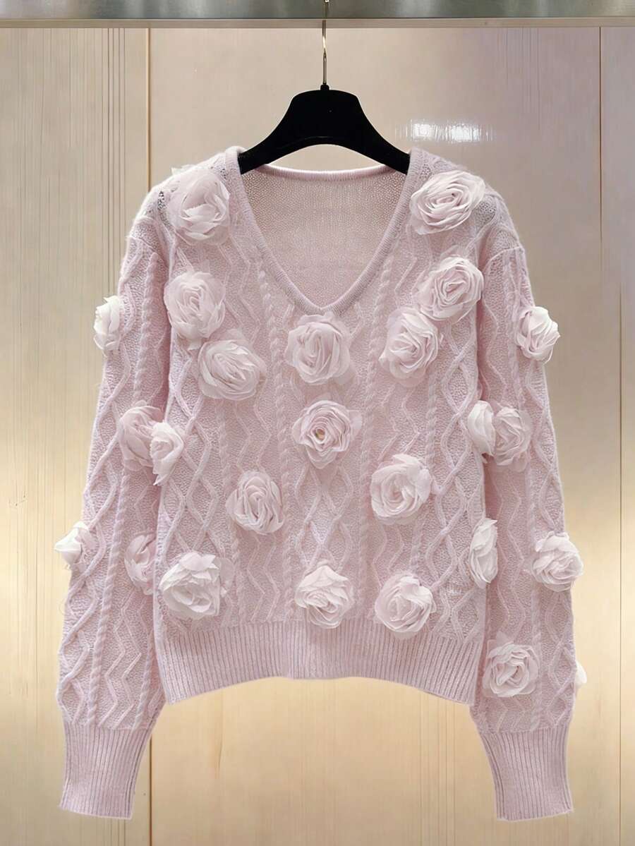 Franclia 女士基本款简约时尚通勤宽松V领浪漫玫瑰针织毛衣