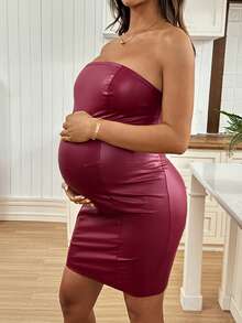 SHEIN 孕妇时尚性感纯色抹胸紧身连衣裙