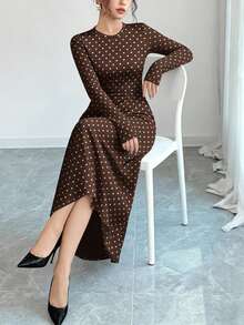 Modelyn Polka Dot Pattern Digital Print Coffee Color Fashionable Round Neck Long Sleeve A-Line Dress For Women, Spring - Multicolor - View 6