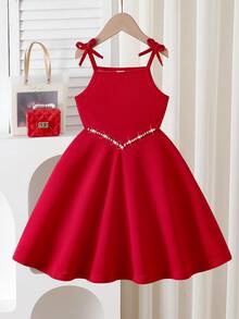 Young Girls Red Sweet Spaghetti Strap Dress With Bow Shoulder Strap, Pearl Decor A-Line Cute Elegant Princess Style, Summer Girls Formal Dress Kids Red Dress Toddler Girls Special Occasion Dress Red Party Dress Toddler Girl Dress Birthday Girl Young Girls Dresses Red Dress For Girls Pearl Waist Dress Kids Party Dress Cocktail Dress For Kids - Red - View 6