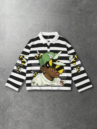 Street Life Camicia polo a maniche lunghe con stampa a righe e figura, vestibilità ampia, da uomo