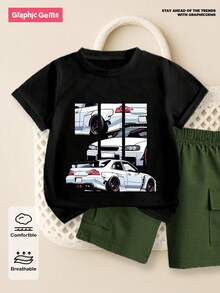 SHEIN Bộ 2 món áo thun tay ngắn màu đen in hình ô tô thời trang mới cho bé trai mùa hè và quần short màu trơn - màu đen - Xem 5