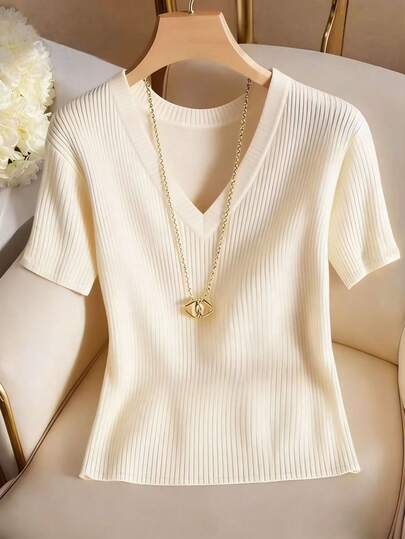 Franclia T-shirt décontracté élégant à col V et manches courtes pour femmes