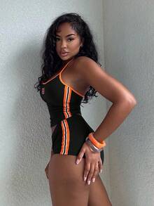 Alexandranx Bộ Trang Phục Mùa Hè Y2k Nữ Thể Thao Khối Màu Bikercore Thêu Chữ Áo Không Tay Và Quần Short Cạp Thấp - màu đen - Xem 6