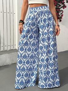 EURMUSE Quần ống rộng dáng suông thoải mái, cạp chun in hoa dành cho nữ - Màu xanh lam - Xem 3