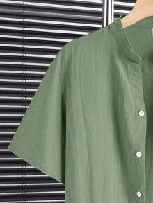 SHEIN 青少年男童两件套休闲宽松百搭舒适高性价比立领梭织短袖衬衫裤套装 - 薄荷綠 - 查看 3