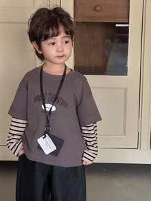 Hapijoa Toddler Boys Loose Casual Striped Patchwork Sleeve 2 In 1 Letter Print T-Shirt, Autumn - Grey - View 2