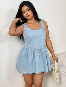 Sunnyshic Plus Size Women Casual Everyday Ruffle Hem Denim Dress - Light Wash - View 8