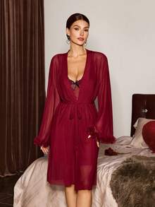 Slumberist Conjunto de camisola y bata de encaje con parches - Burdeos - Ver 7