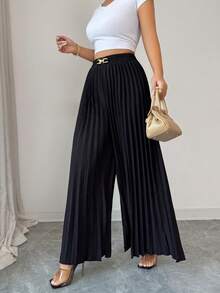 SHEIN Elenzya Quần ống rộng xếp ly kiểu mới mùa xuân, phù hợp cho đi làm, dự tiệc và nhiều dịp khác. Thích hợp cho trang phục thường ngày, đi làm, đi nghỉ mát, tiệc trà chiều, tiệc Giáng sinh và các dịp khác. Trang phục công sở cho giáo viên mùa tựu trường. - màu đen - Xem 4