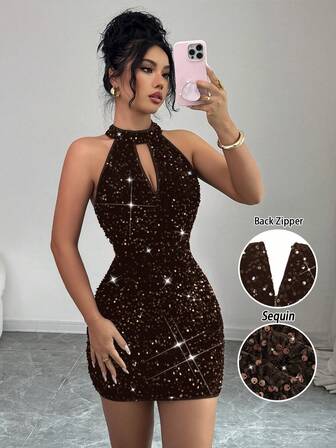 Rafferiza Vestido corto negro de mujer con lentejuelas, escote halter, espalda con cremallera, ajustado y elástico, para citas, fiestas, discotecas, Halloween, San Valentín, cumpleaños, primavera, verano, otoño, invierno