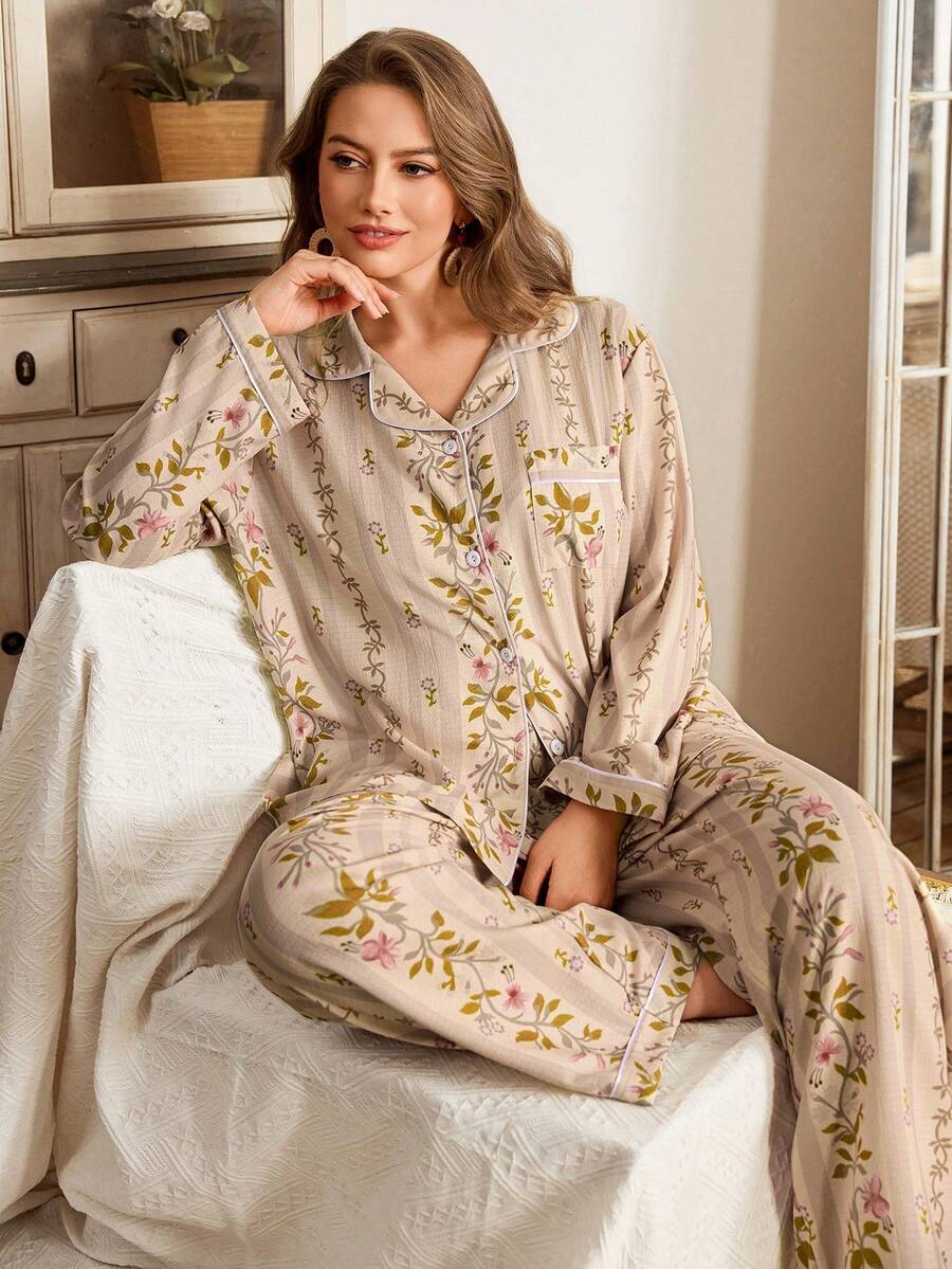Serenescape Plus Size Ditsy Floral Ruffle Collar Long Sleeve Pajama Set - Multicolor - View 1