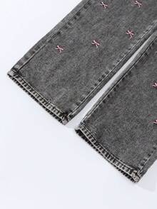 SHEIN Sparklyn Girls' Wide Leg Jeans, New Design Embroidered Bow Straight Leg Pants, Loose Fit Jeans For Girl, Girls Loose Jeans - Grey - View 5