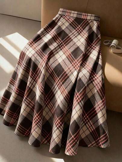 GlowEve CURVE 大码优雅羊毛格纹A字裙，带侧口袋