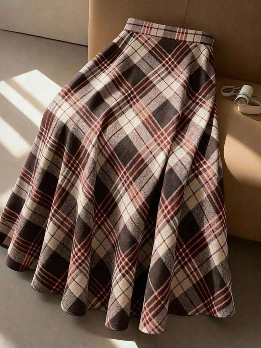 GlowEve CURVE 大码优雅羊毛格纹A字裙，带侧口袋 - 咖啡棕 - 查看 1