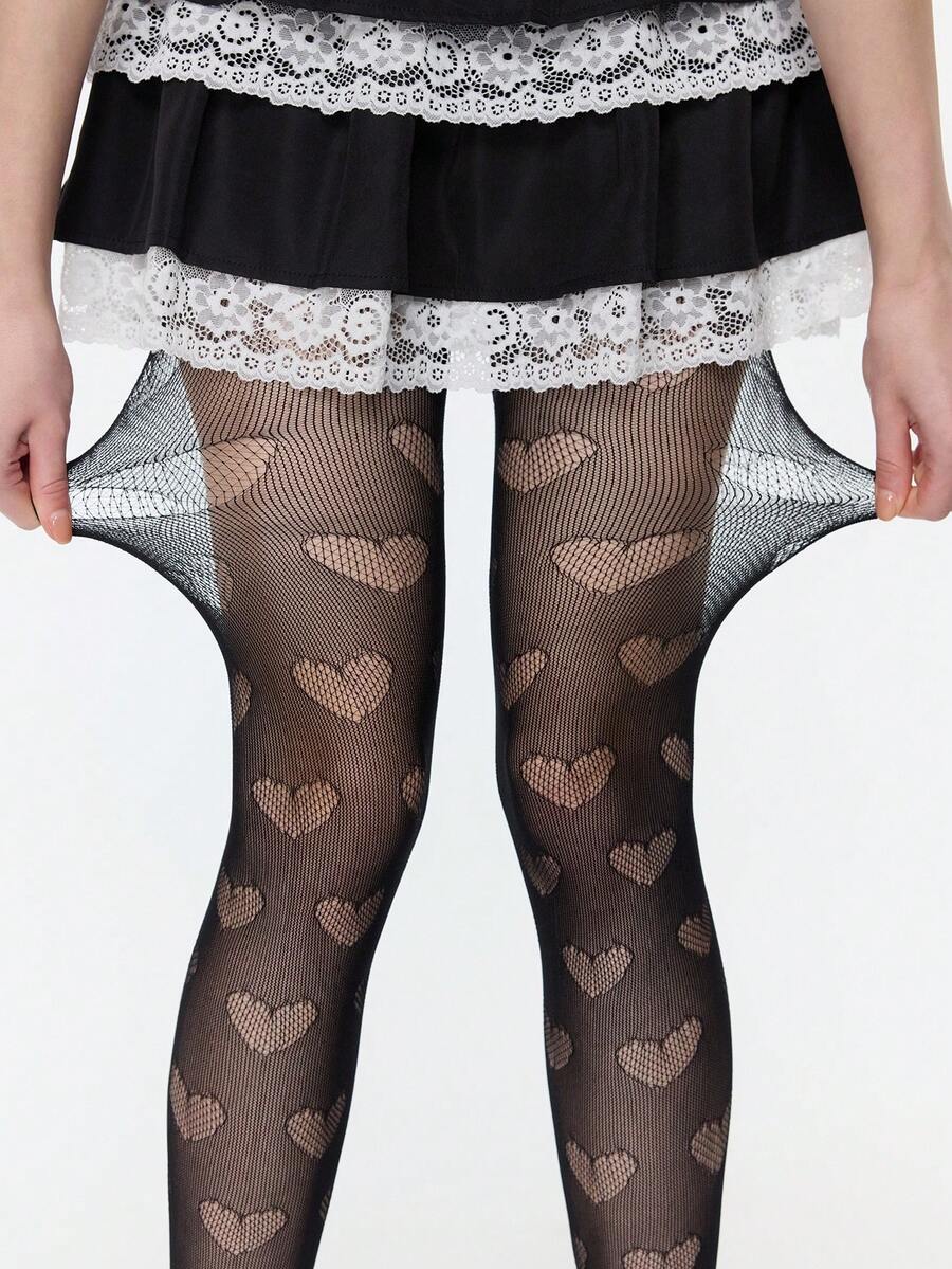ROMWE Fairycore 1 Pair Women's Heart Fishnet Stockings, Suitable For All Seasons - Black - View 1