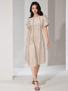 Heiryn Women's Elegant Commuter Contrast Trim Puff Sleeve Mini Dress - Apricot - View 6