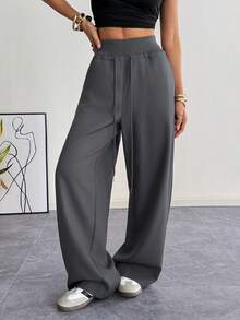 SHEIN EZwear 女士梭织阔腿休闲运动裤，黑色和灰色 - 深灰色 - 查看 4