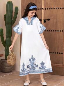 Tween Girls' Casual Vacation White And Blue Floral Summer Boho Holiday V-Neck A-Line Patchwork Flare Sleeve,Long Woven Dress - Baby Blue - View 4
