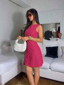 Ronhire Rochie mini fără mâneci cu nasturi în față, elegantă, pentru navetă - Roz fierbinte - Vizualizare 3