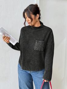 Lounesse Camiseta casual de manga larga de punto de gofre en negro lavado para mujer de talla grande - Negro - Ver 3
