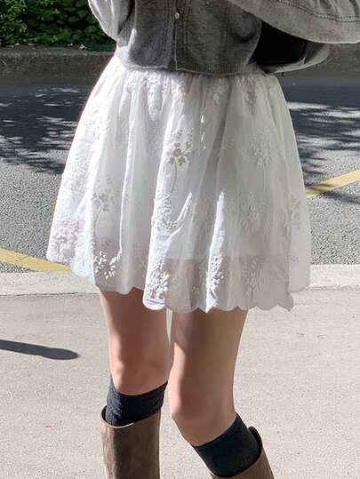 DAZY Elastic Waist Floral Embroidery Ruffle Hem Cute Short Skirt, Versatile & Slimming For Women