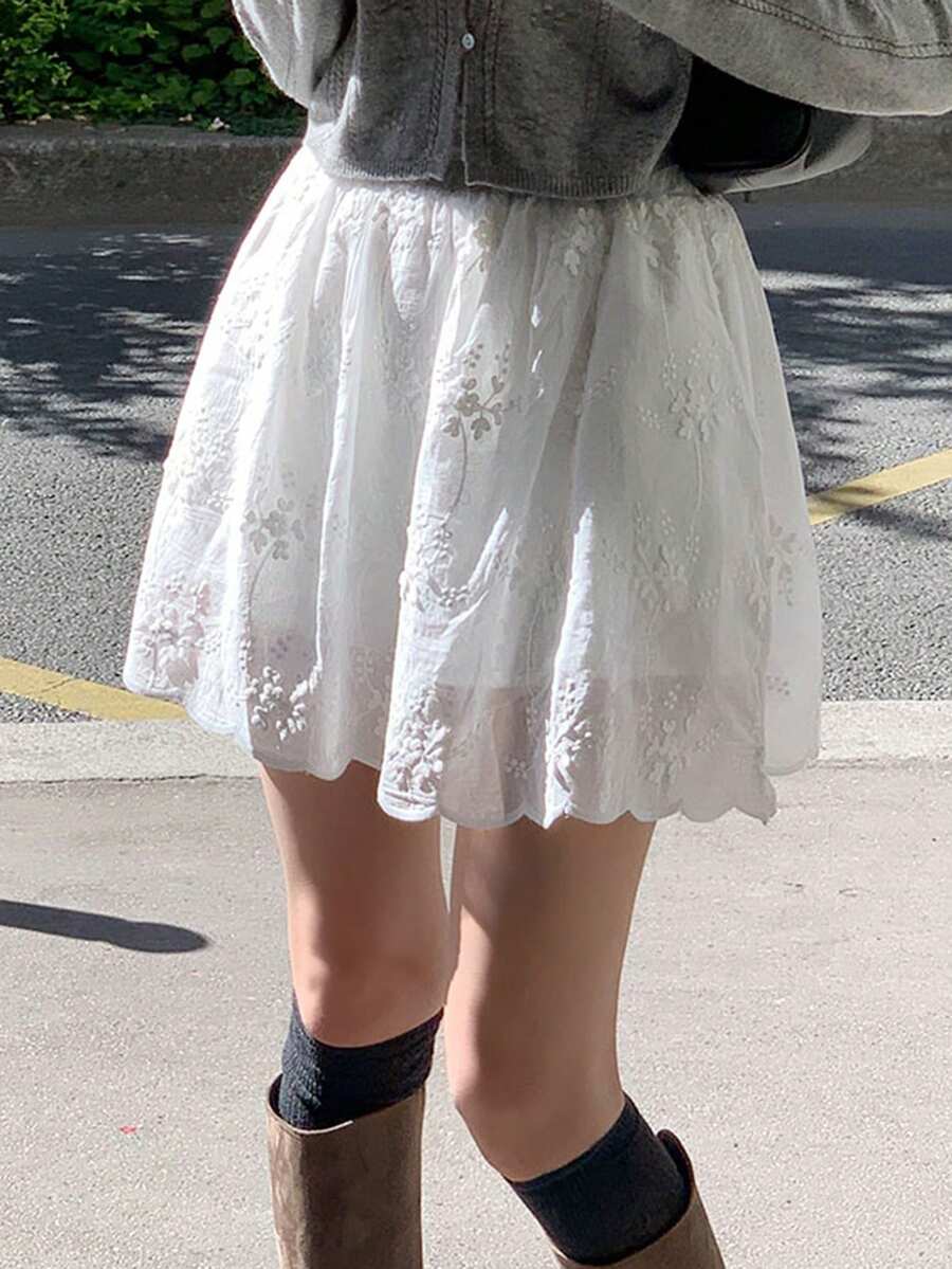 DAZY Elastic Waist Floral Embroidery Ruffle Hem Cute Short Skirt, Versatile & Slimming For Women - White - View 1
