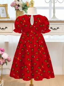 SHEIN Robe décontractée pour jeunes filles, imprimé mignon de fille de bande dessinée, imprimé rose bordeaux, imprimé étoile et lune, rouge festif. Convient pour le printemps/été, les célébrations, les vacances, les jours fériés - Multicolore - Voir 4