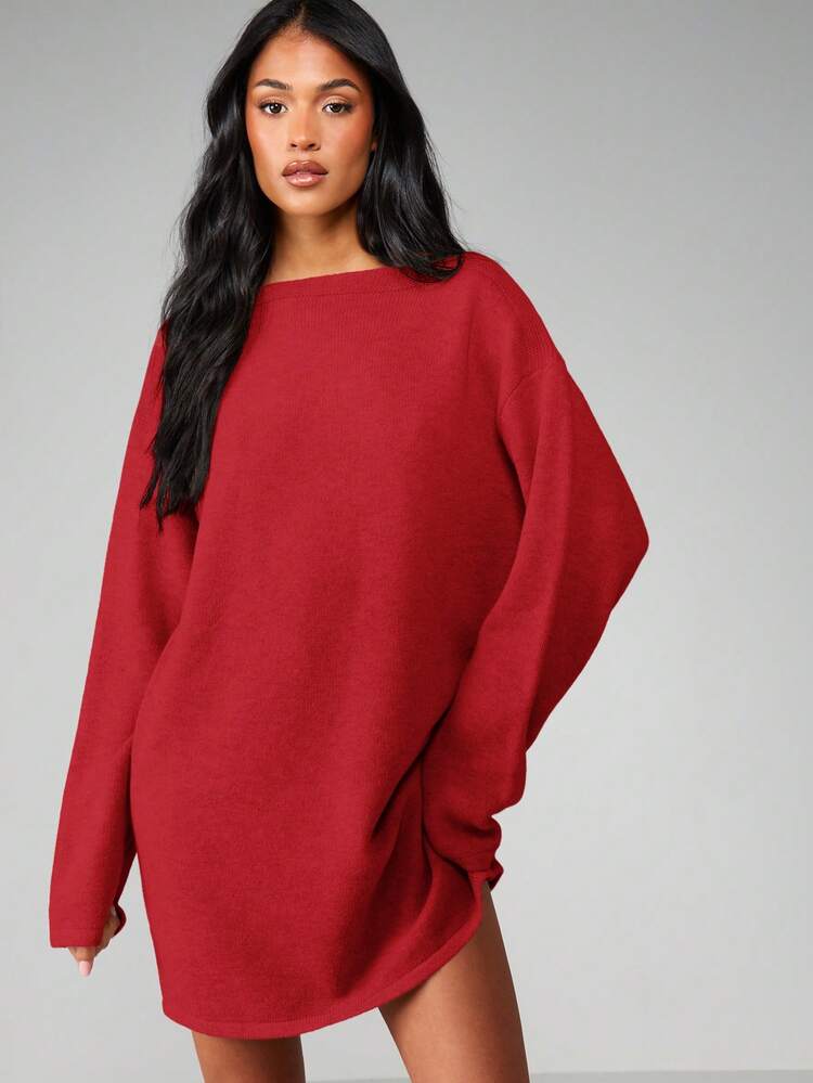 MISSGUIDED Slash Neck Long Sleeve Knit Mini Sweater Dress For Fall Winter Casual Day Wear