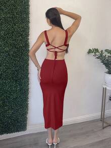 Andrea Bello Women's Solid Color Backless Criss-Cross Design Fitted Elegant Sleeveless Dress - Burgundy - View 2