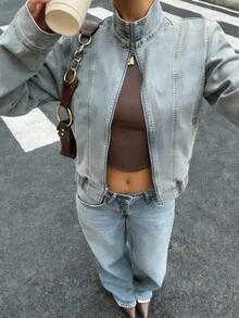 Muchica Women's Autumn/Winter Basic Casual Zipper Denim Jacket, With Pockets, Long Sleeves, Autumn Style - Blue - View 1