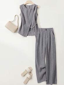 SHEIN Franclia Bộ đồ nữ gồm áo không tay thiết kế bất đối xứng và quần ống rộng xếp ly cài nút, thích hợp cho mùa xuân/hè. - Xám - Xem 5