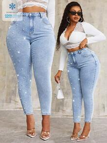 Slaydiva Pantalones pitillo de mezclilla azul con decoración de perlas, talla grande - Azul - Ver 1