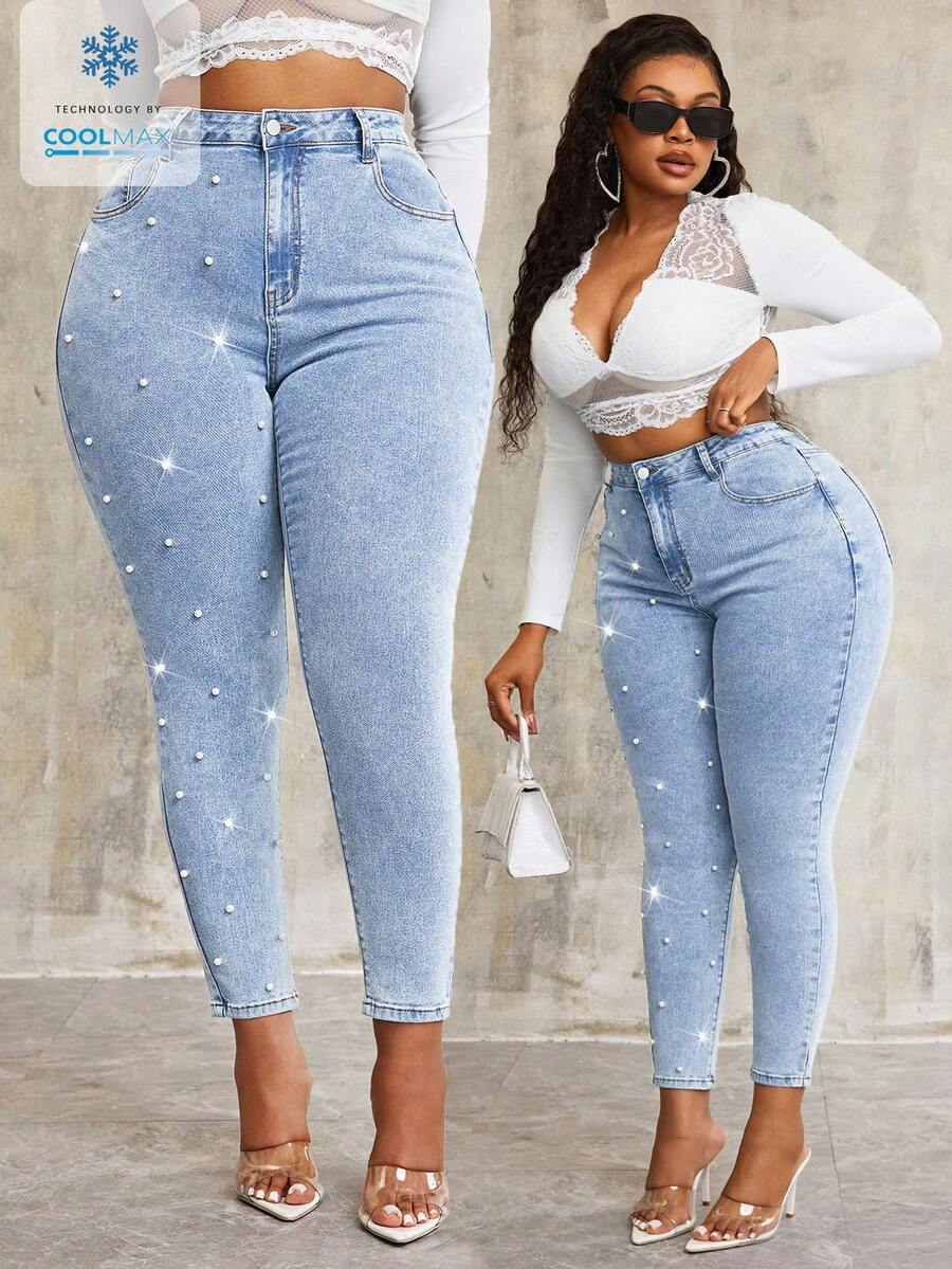 Slaydiva Pantalones pitillo de mezclilla azul con decoración de perlas, talla grande - Azul - Ver 1