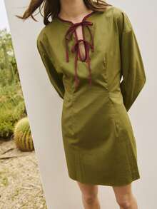 Nöista 红色迷你连衣裙，领口和前襟饰有撞色滚边。长款泡泡袖，袖口带收口。春夏休闲装。 - 綠色 - 查看 5