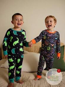 4pcs Snug Fit Pajama Set For Toddler Boys, Long Sleeve Top And Pants, Soft Stretch Fabric With Cute Print, Loved By Kids Snug Fit  Tight Fit Pajama Baby Halloween Pajamas Backto SchoolFashion Fall Winter - Black - View 3
