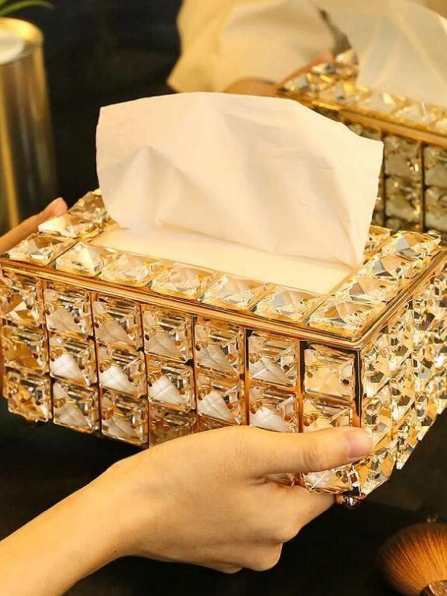 1pc Modern Metal And Crystal Tissue Box - Elegant Tissue Storage Box Metal High-End Luxury Tissue Napkin Holder, Tissue Storage Box For Bathroom Living Room Bedroom, Suitable For Home Centerpieces, Living Room Dining Table Desktop Tissue Box, Thanksgiving, Valentine's Day Home Decoration Perfect Gift - Multicolor - View 1