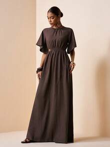 Zivah 2026春夏新款音乐节、复活节、圣帕特里克节、情人节、约会、西部风、游牧风、生日派对、毕业典礼、大学、学生、日常穿着、百搭基础款、休闲、度假、邮轮旅行、海滩、日光浴、爆款、街头风、婚礼宾客波西米亚风、通勤、早午餐、机场、派对、假日郊游、办公室穿着宽松圆领短袖荷叶边腰部镂空长款亚麻纹理棕色连衣裙 - 棕色 - 查看 4