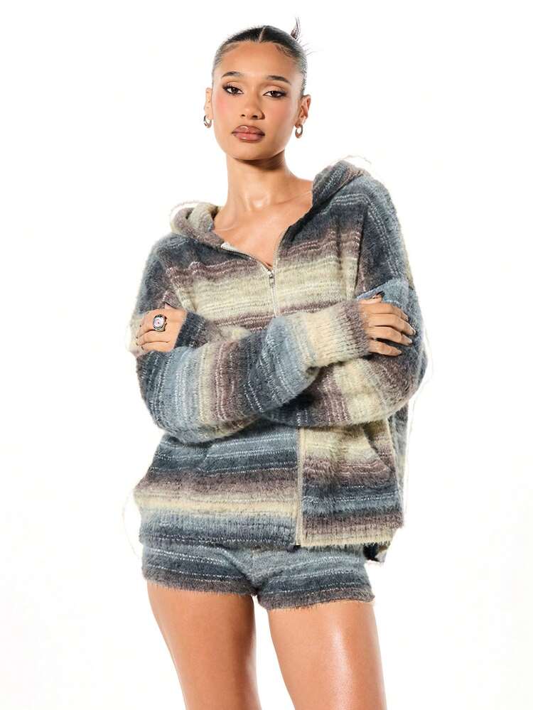 SUMWON WOMEN Cárdigan de punto con capucha y rayas ombré de gran tamaño