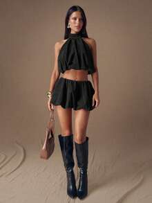 SHEIN BAE Bộ 2 món màu nâu/cà phê trơn gồm áo crop top tay phồng hở lưng có nơ xếp ly, áo dự tiệc/lễ hội và chân váy mini cạp thấp xòe bồng bềnh dành cho nữ, mùa thu/đông. - màu đen - Xem 3