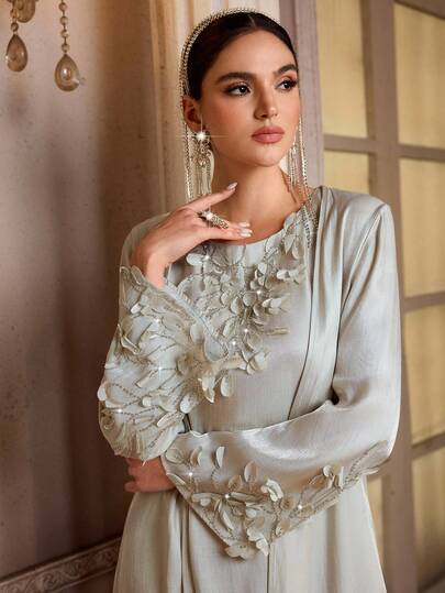 Al Najma Women's Elegant 3D Floral Decor Arabic Style Dress