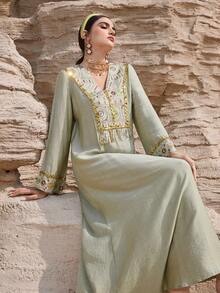 Al Najma New Elegant Beaded Embroidery Tassel Design Versatile Casual Party Holiday Dress - Green - View 3