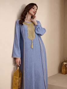 Al Najma Women's Elegant Embroidered Decorated Arabic Style Dress - Blue - View 7