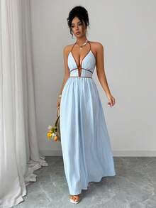 Elenzga 女士度假条纹深V领性感吊带连衣裙 - 藍色 - 查看 6