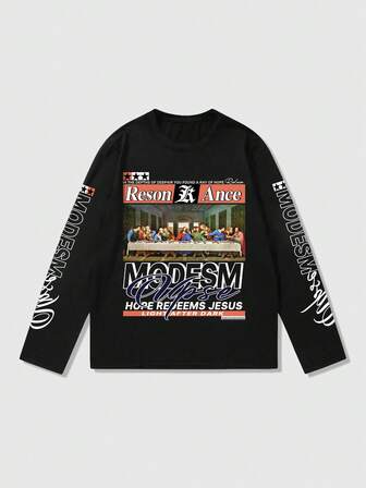 Men's Street Letter Print Round Neck Long Sleeve Casual T-Shirt, Daily Wear